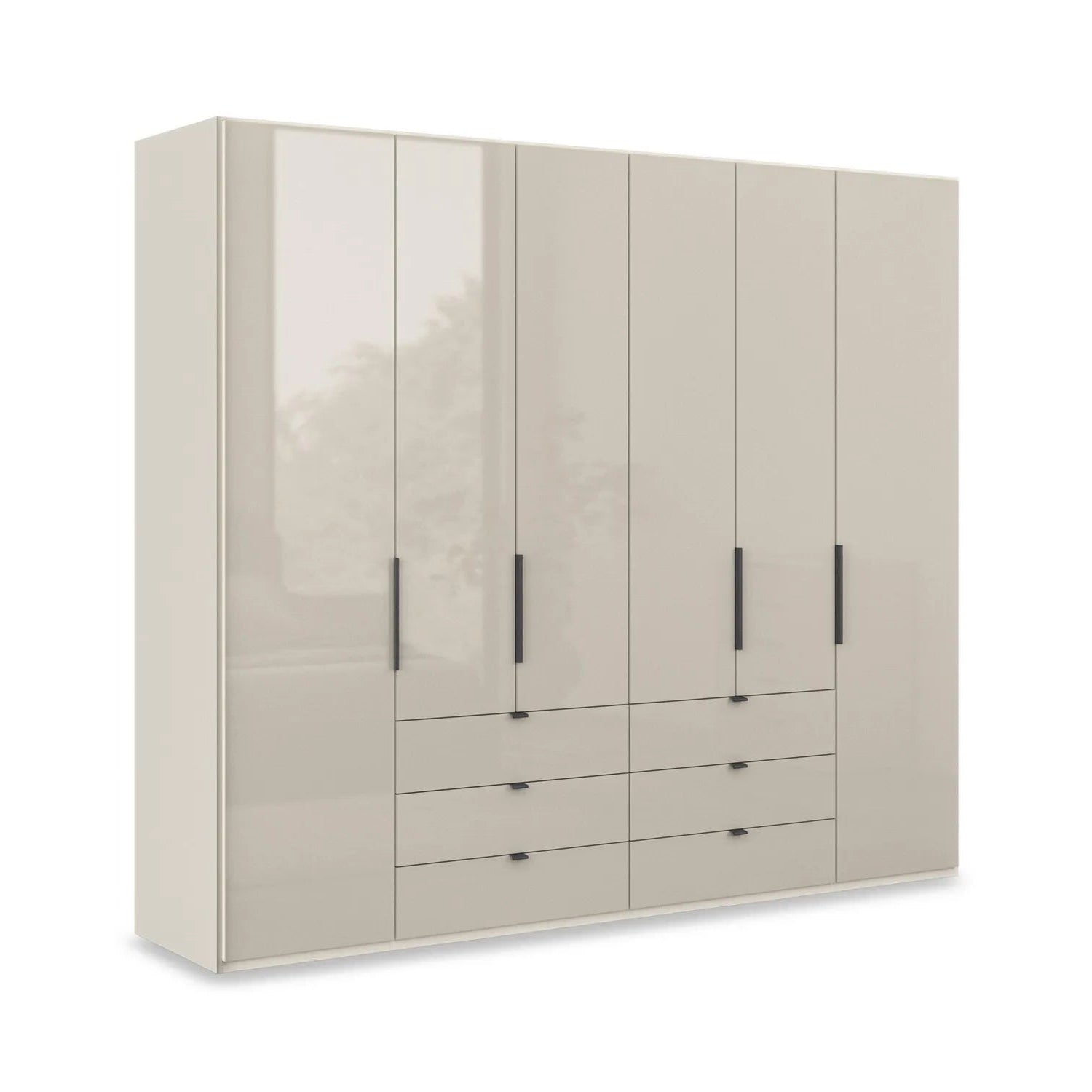 Amara 300cm 6 Door Combi Wardrobe with Glass Doors and Drawers in Champagne