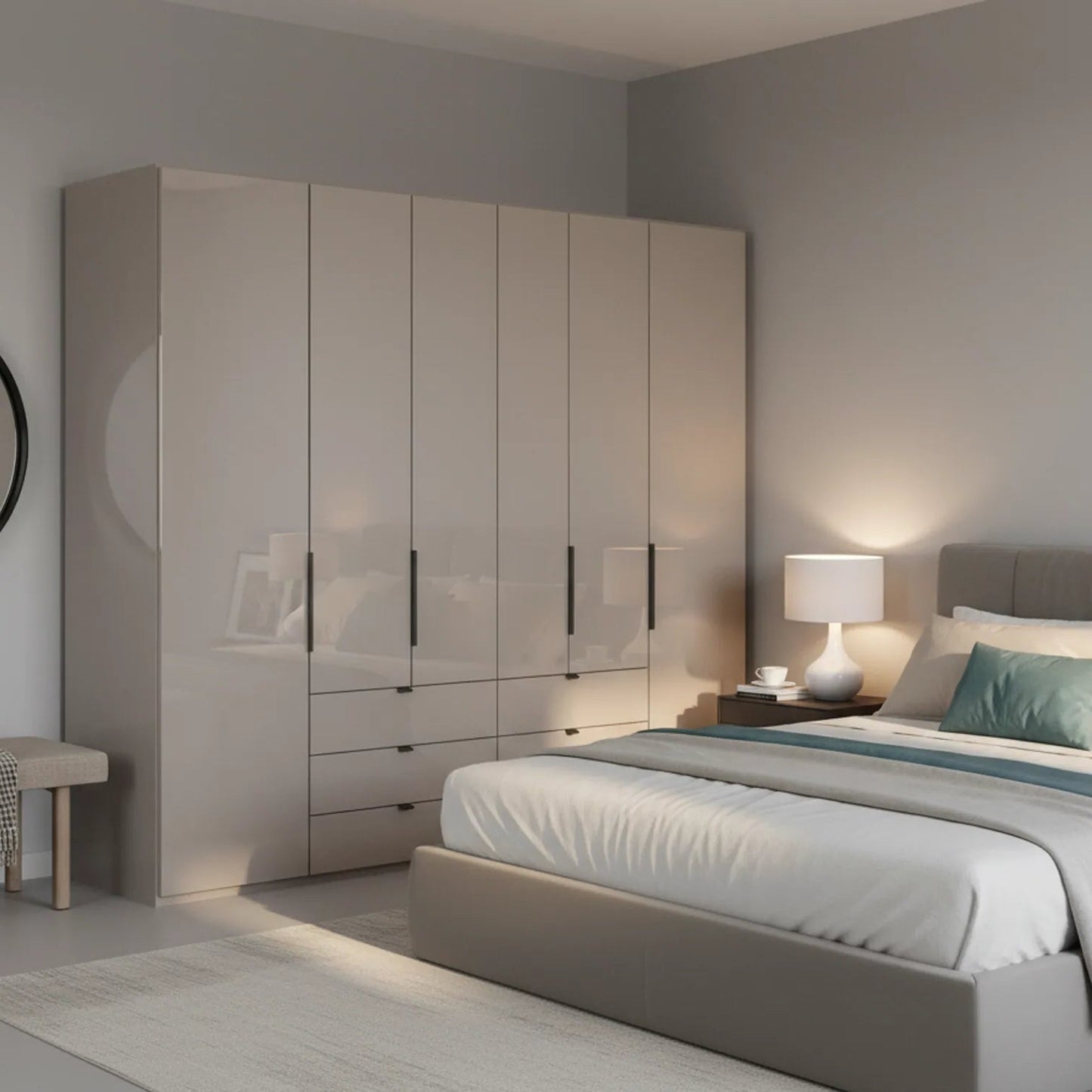 Amelia 250cm 6 Door Combi Wardrobe with Glass Doors and Drawers - Pebble Grey Styled in a Bedroom