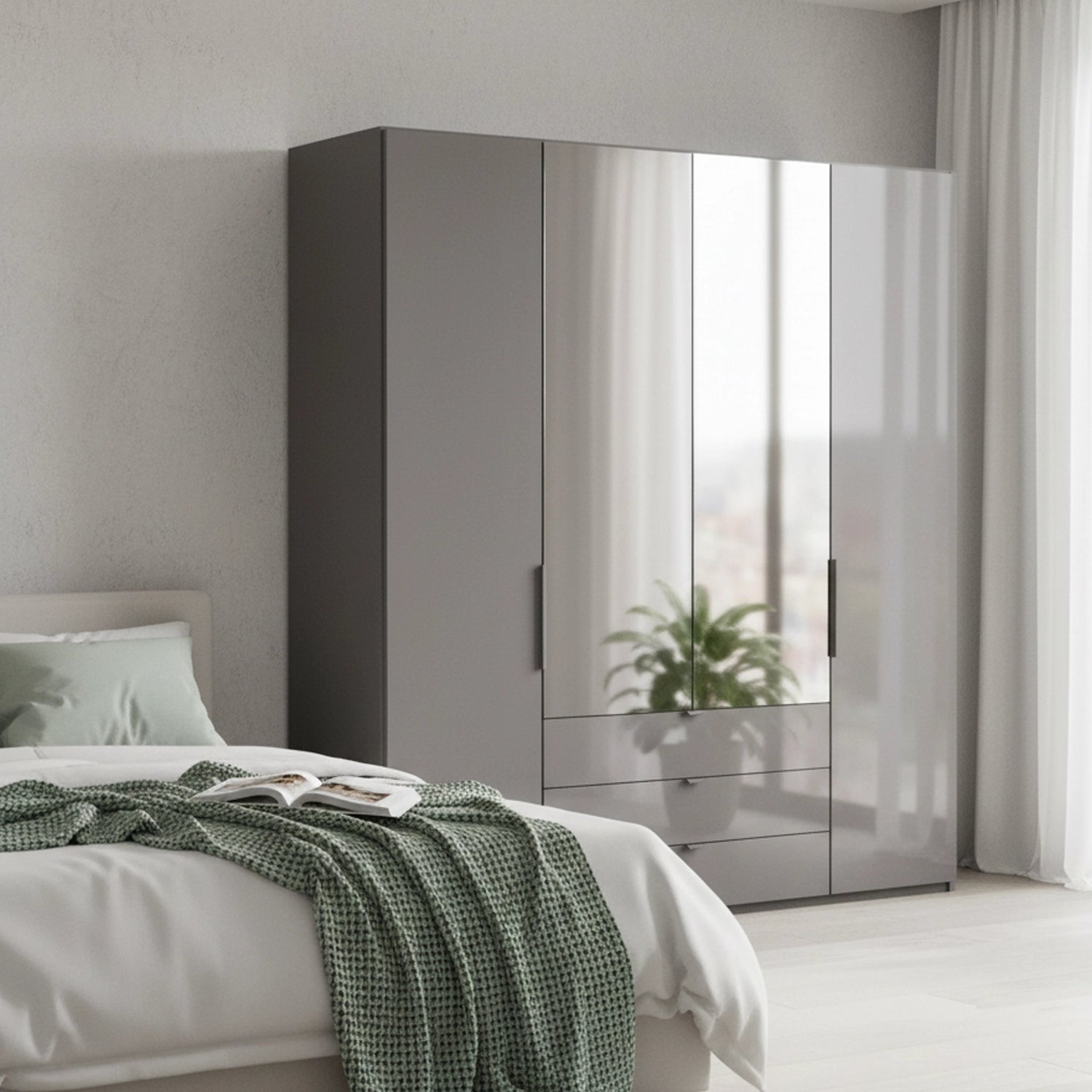 Amelia 200cm 4 Door Bifold Combi Wardrobe with 2 Mirror Doors, 2 Glass Doors and 3 Glass Drawers in Lava - Styled in a Bedroom