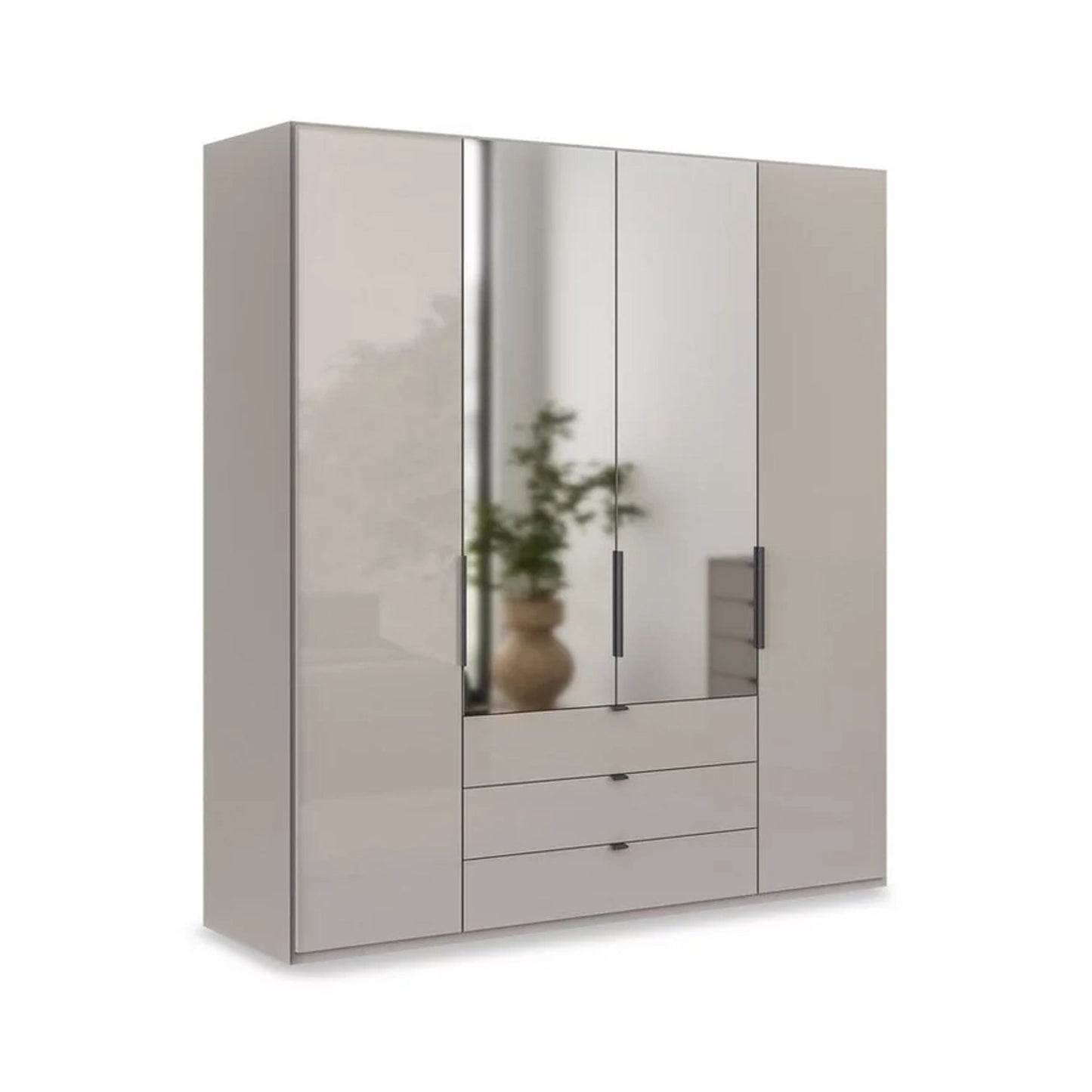Amelia 200cm 4 Door Bifold Combi Wardrobe with 2 Mirror Doors, 2 Glass Doors and 3 Glass Drawers in Pebble Grey