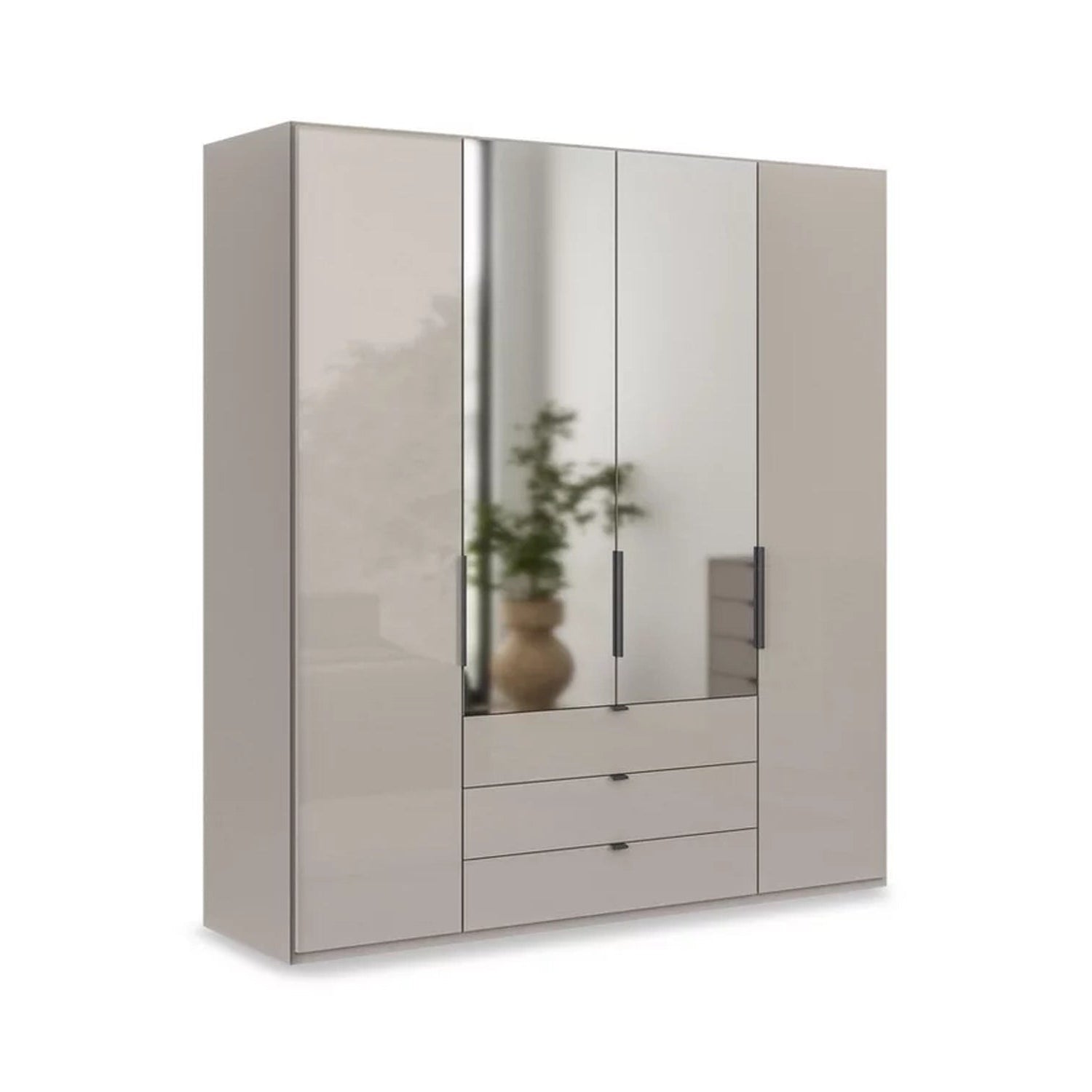 Amelia 200cm 4 Door Bifold Combi Wardrobe with 2 Mirror Doors, 2 Glass Doors and 3 Glass Drawers in Pebble Grey