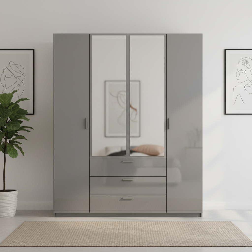Amelia 200cm 4 Door Bifold Combi Wardrobe with 2 Mirror Doors, 2 Glass Doors and 3 Glass Drawers