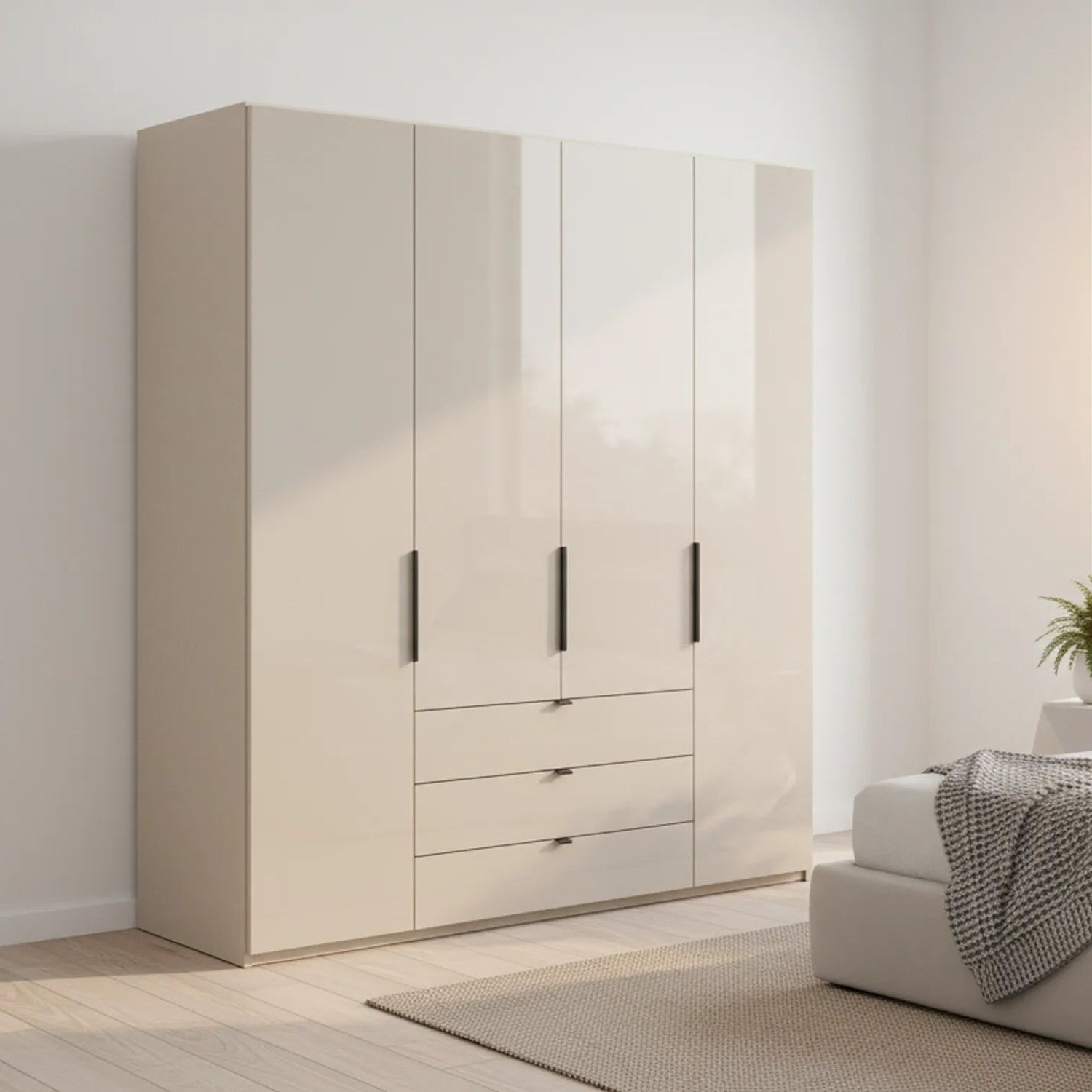 Amara 200cm 4 Door Bifold Combi Wardrobe with Glass Doors and Drawers in Champagne - Styled in a Bedroom