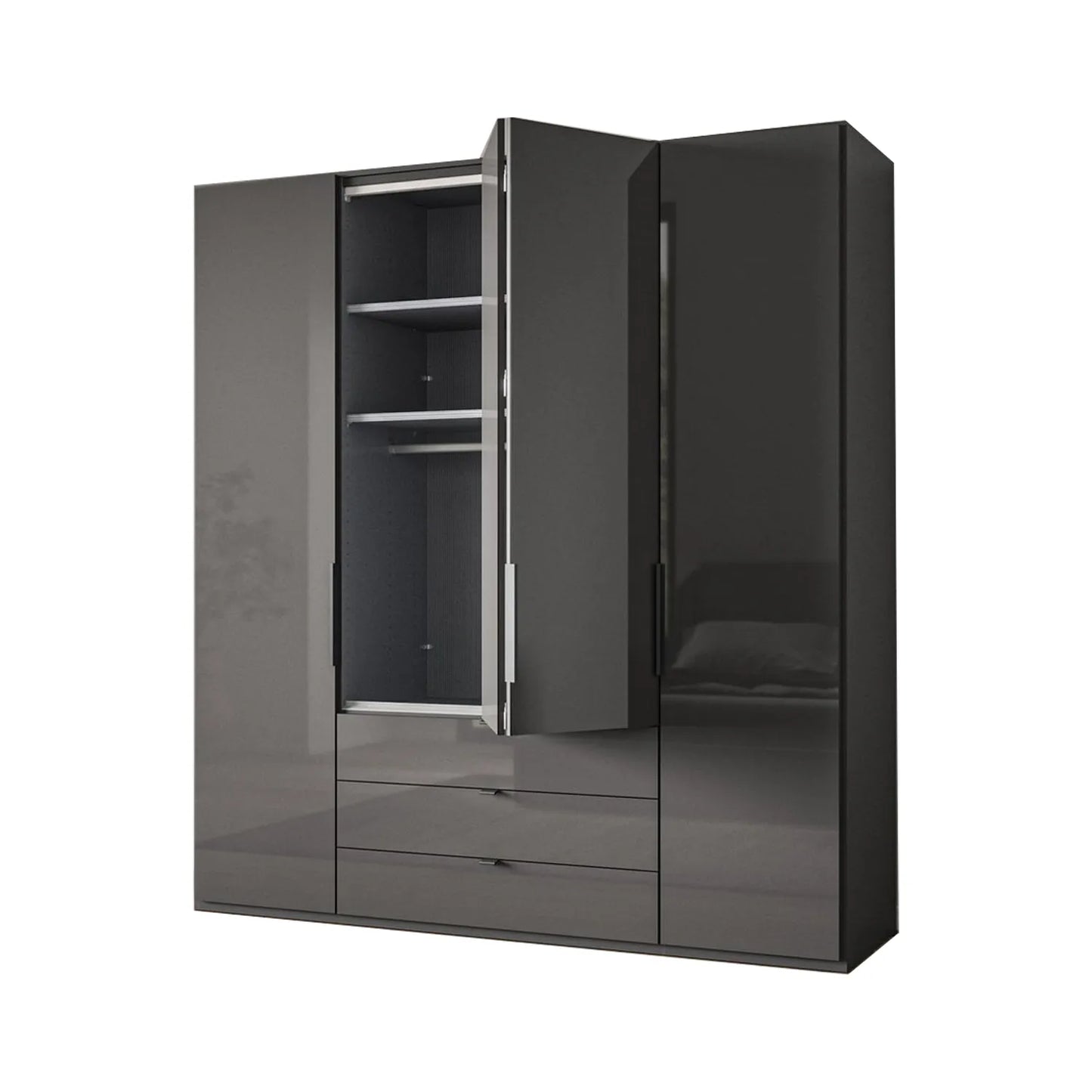 Amara 200cm 4 Door Bifold Combi Wardrobe with Glass Doors and Drawers - Interior View