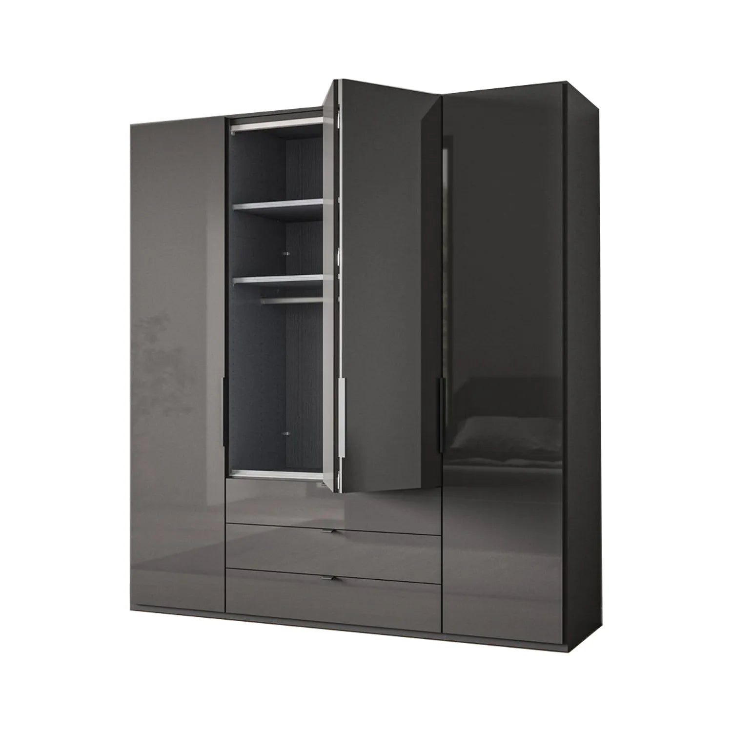 Amara 200cm 4 Door Bifold Combi Wardrobe with Glass Doors and Drawers - Interior View