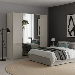 Amelia 200cm 4 Door Bifold Wardrobe with 2 Glass Doors and 2 Mirror Doors - Champagne Styled in a Bedroom