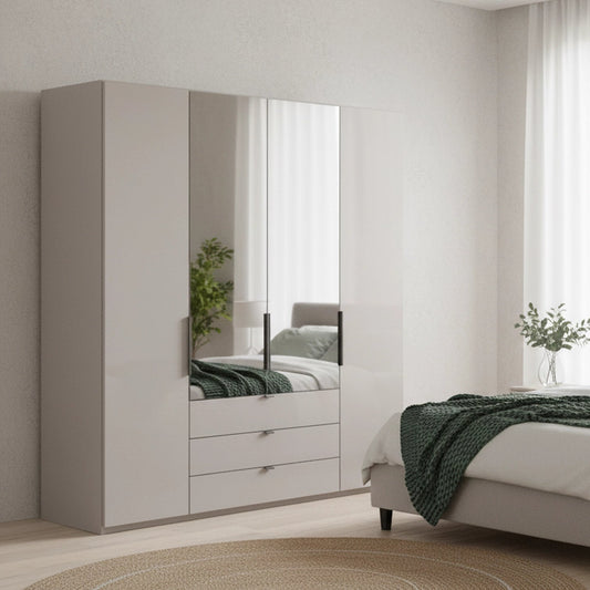 Amelia 200cm 4 Door Combi Wardrobe with 2 Mirror Doors, 2 Glass Doors and 3 Glass Drawers - Pebble Grey Styled in a Bedroom