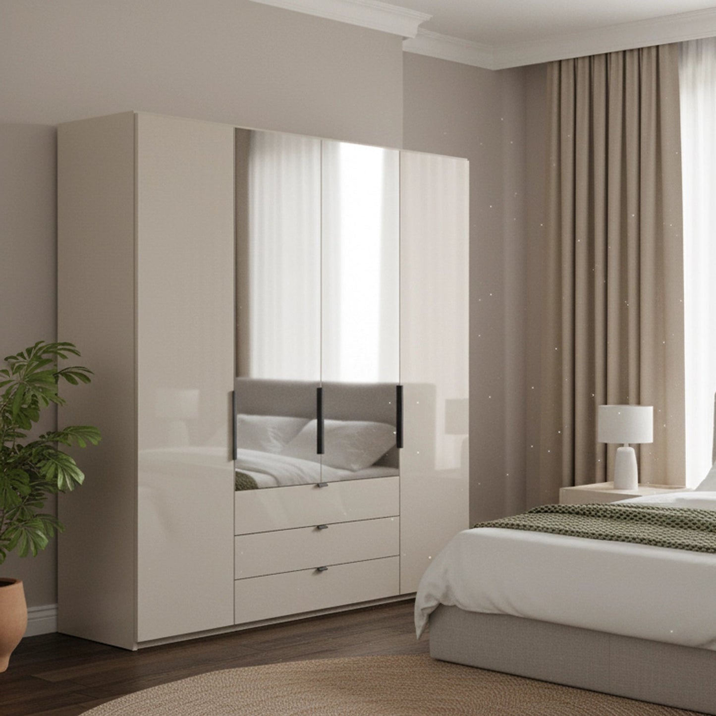 Amelia 200cm 4 Door Combi Wardrobe with 2 Mirror Doors, 2 Glass Doors and 3 Glass Drawers -  Champagne Styled in a Bedroom