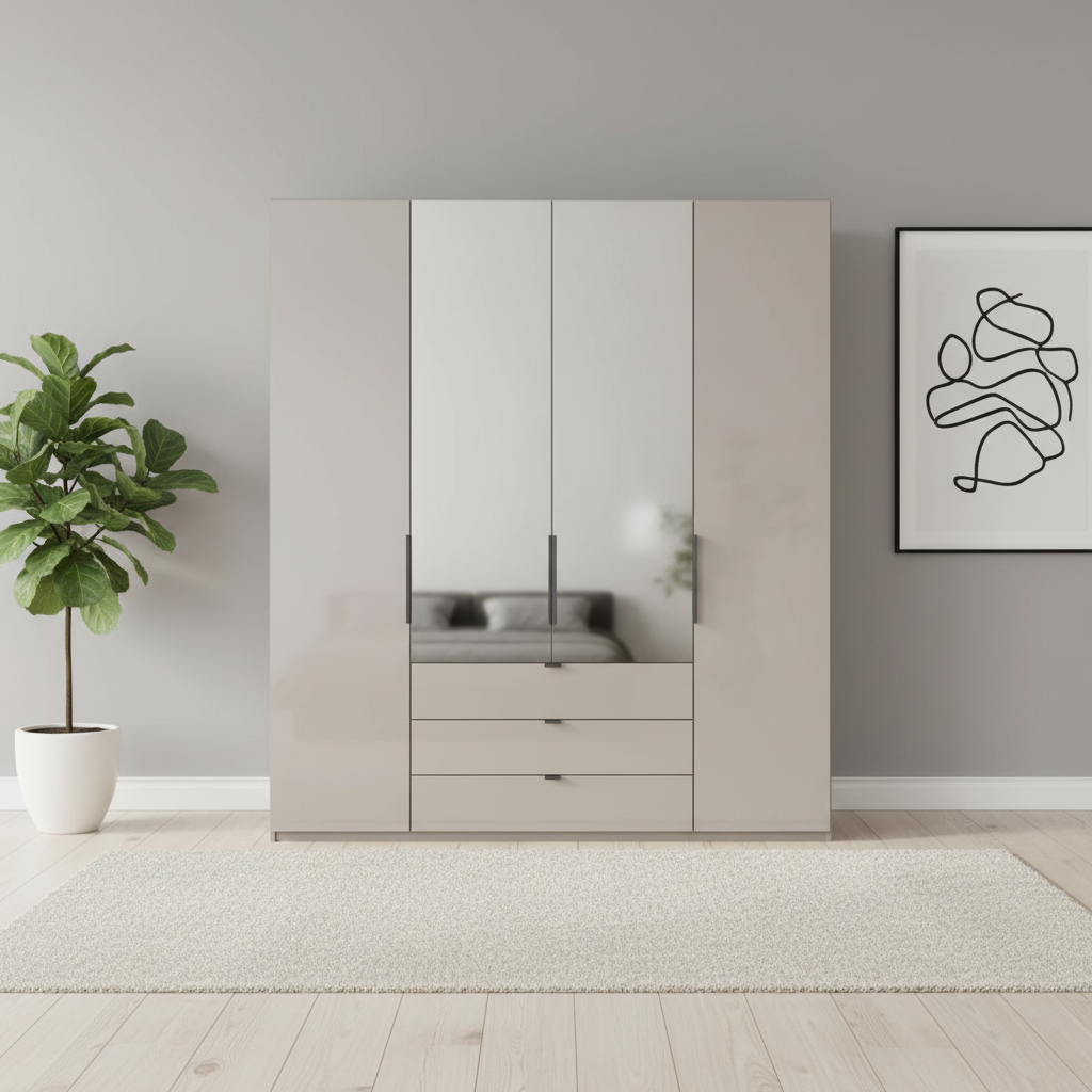 Amelia 200cm 4 Door Combi Wardrobe with 2 Mirror Doors, 2 Glass Doors and 3 Glass Drawers