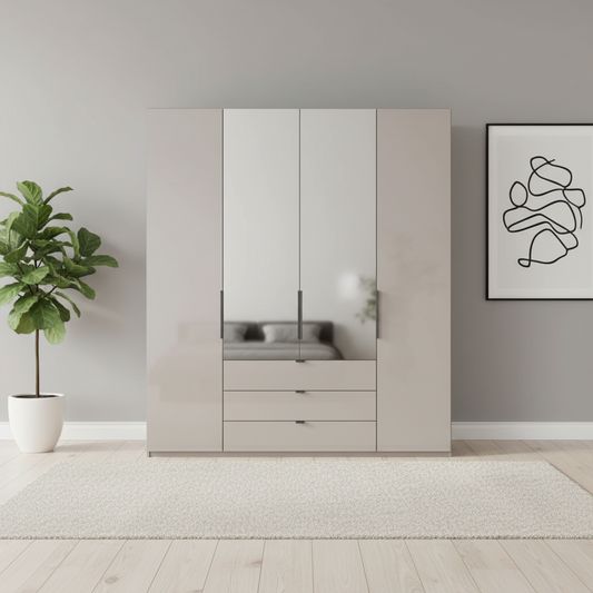 Amelia 200cm 4 Door Combi Wardrobe with 2 Mirror Doors, 2 Glass Doors and 3 Glass Drawers