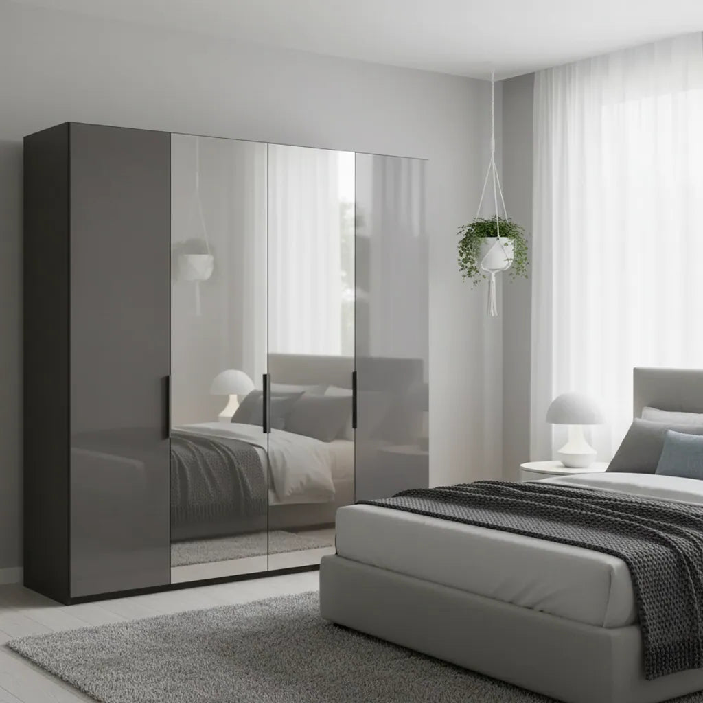 Amelia 200cm 4 Door Hinged Wardrobe with 2 Glass Doors and 2 Mirror Doors - Lava Styled in a Bedroom
