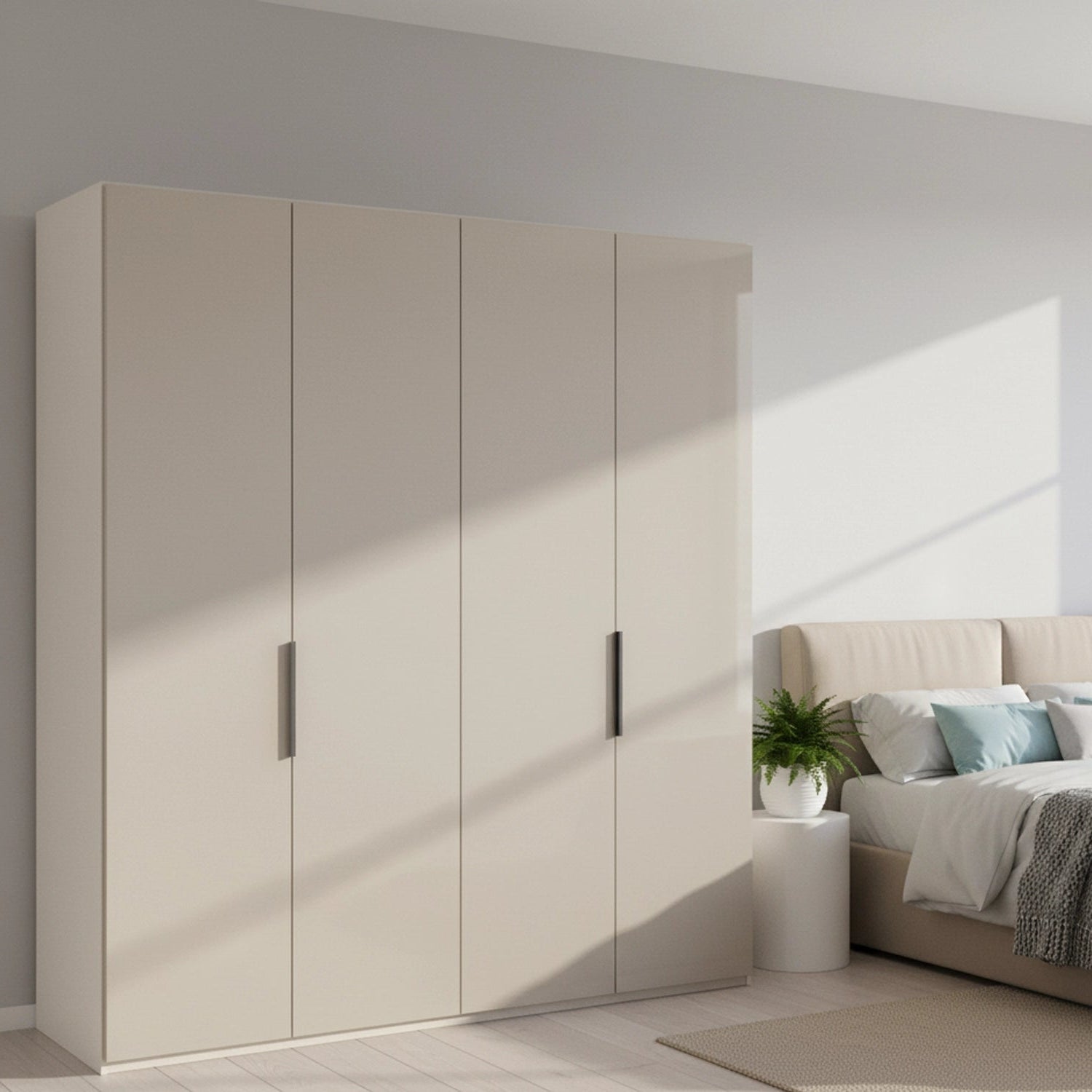 Amelia 200cm 4 Door Hinged Wardrobe with Glass Doors - Champagne Styled in a Bedroom