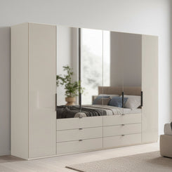 Amelia 250cm 6 Door Bifold Combi Wardrobe with 4 Mirror Doors, 2 Glass Doors and 6 Glass Drawers - Champagne Styled in a Bedroom