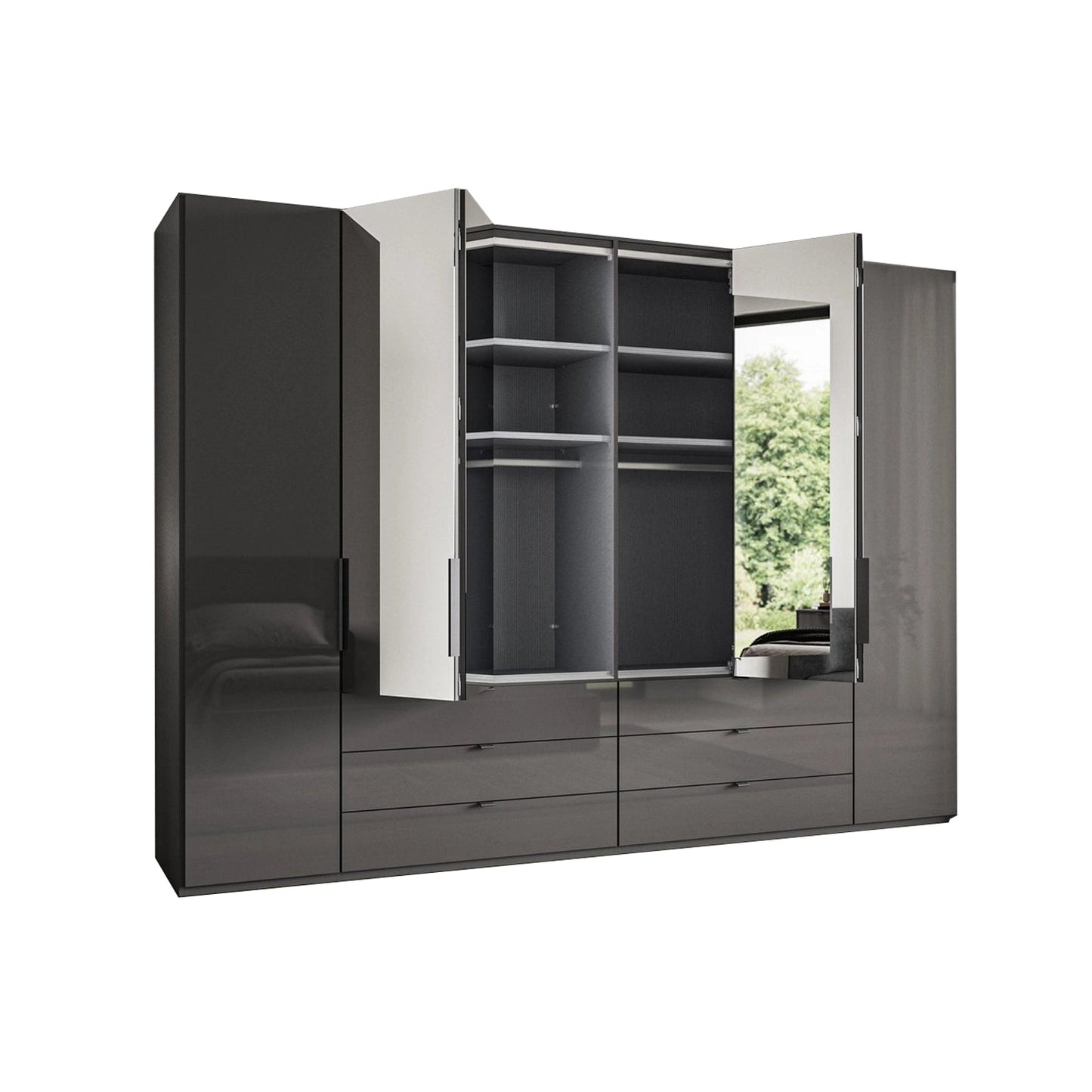 Amelia 250cm 6 Door Bifold Combi Wardrobe with 4 Mirror Doors, 2 Glass Doors and 6 Glass Drawers - Interior View