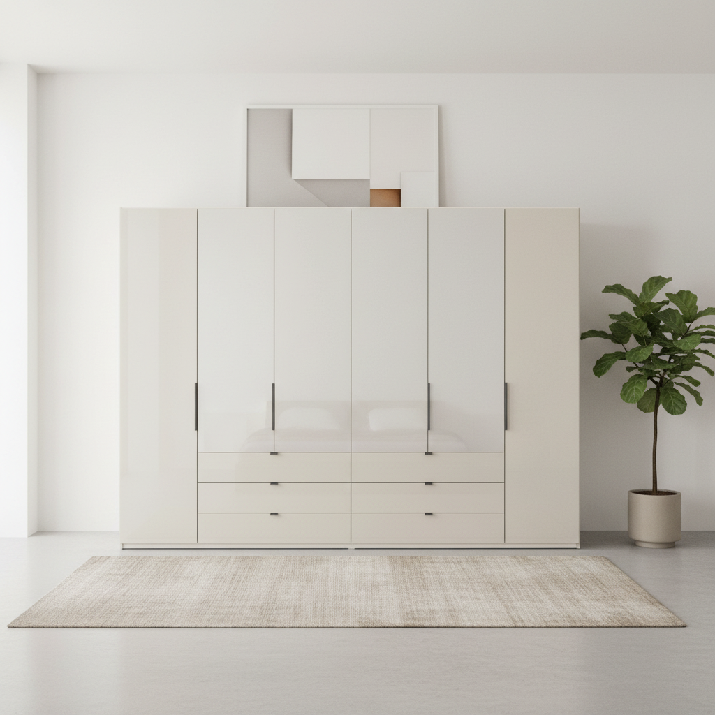 Amelia 250cm 6 Door Bifold Combi Wardrobe with 4 Mirror Doors, 2 Glass Doors and 6 Glass Drawers