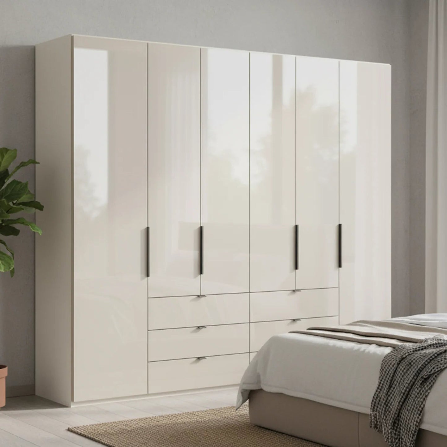 Amelia 250cm 6 Door Bifold Combi Wardrobe with Glass Doors and Drawers - Champagne Styled in a Bedroom