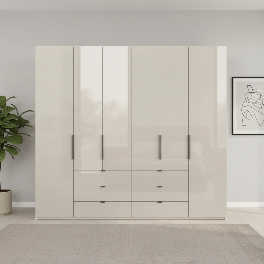 Amelia 250cm 6 Door Bifold Combi Wardrobe with Glass Doors and Drawers