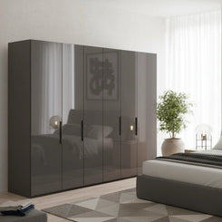 Amelia 250cm 6 Door Bifold Wardrobe with Glass Doors in Lava - Styled in a Bedroom