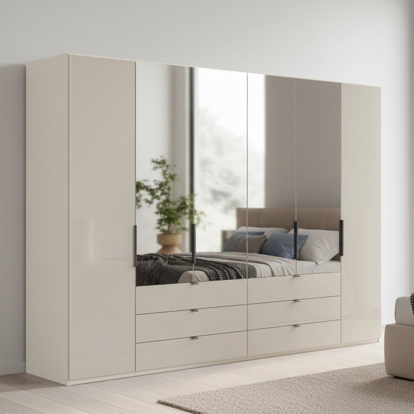 Amelia 250cm 6 Door Combi Wardrobe with 4 Mirror Doors, 2 Glass Doors and 6 Glass Drawers - Champagne Styled in a Bedroom