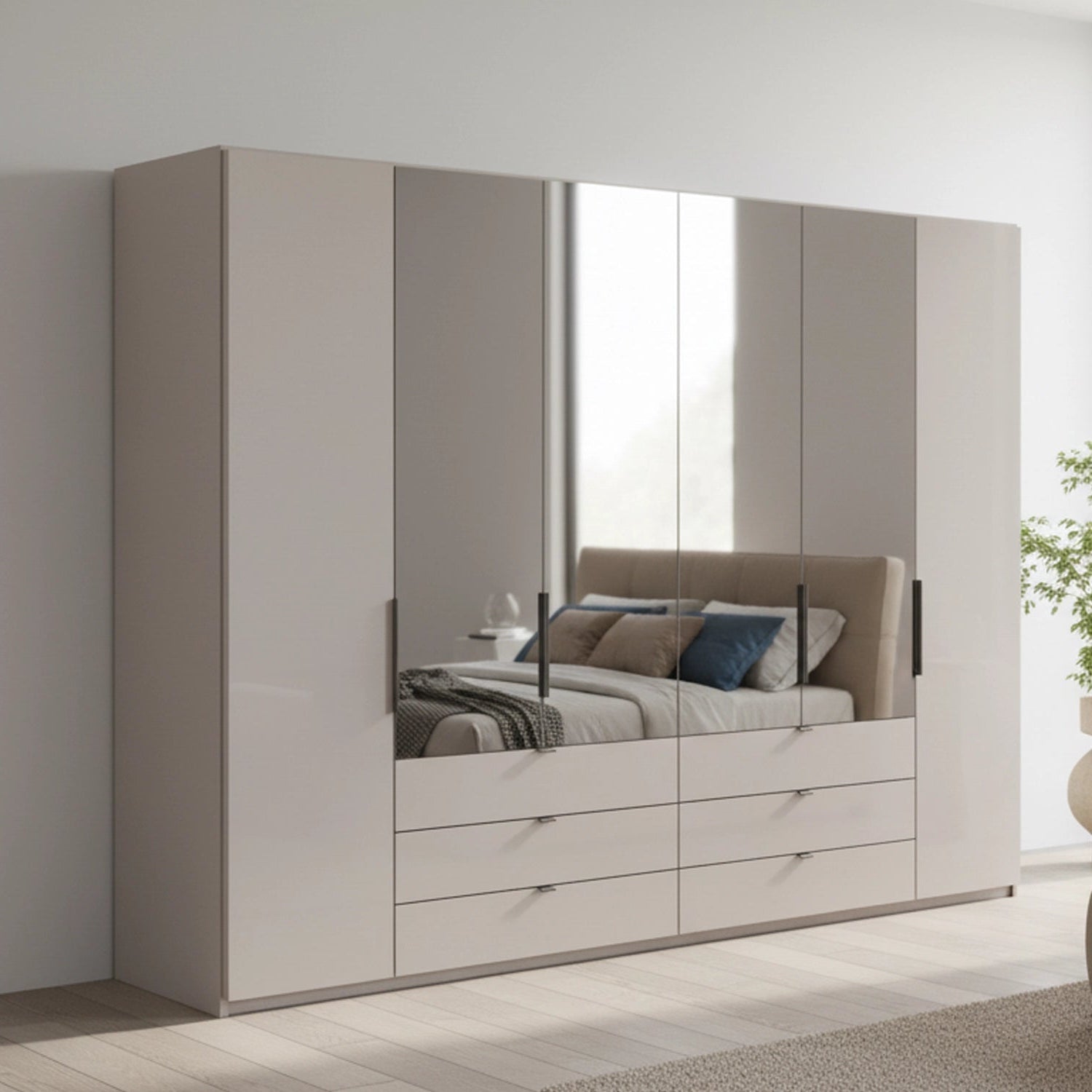 Amelia 250cm 6 Door Combi Wardrobe with 4 Mirror Doors, 2 Glass Doors and 6 Glass Drawers -  Pebble Grey Styled in a Bedroom