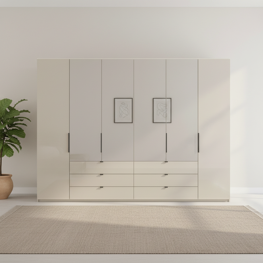 Amelia 250cm 6 Door Combi Wardrobe with 4 Mirror Doors, 2 Glass Doors and 6 Glass Drawers