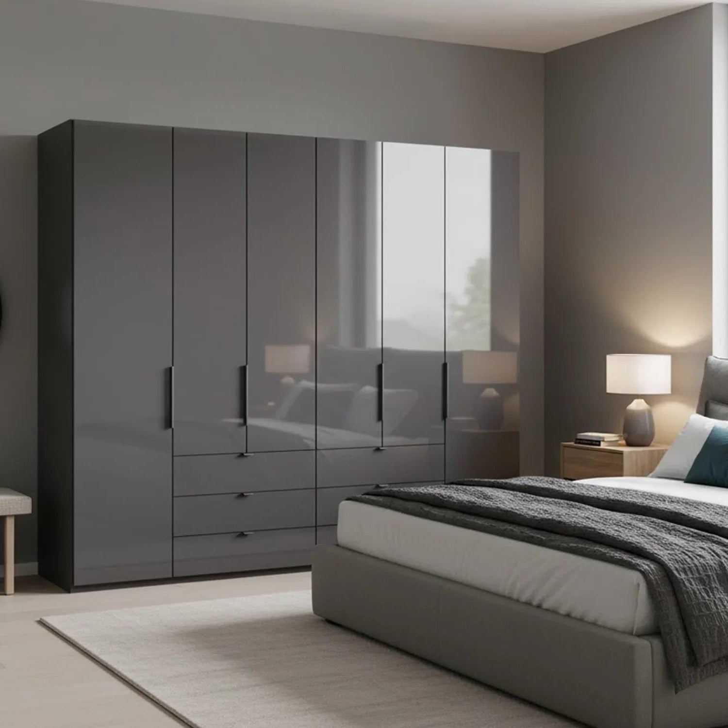 Amelia 250cm 6 Door Combi Wardrobe with Glass Doors and Drawers - Lava Styled in a Bedroom
