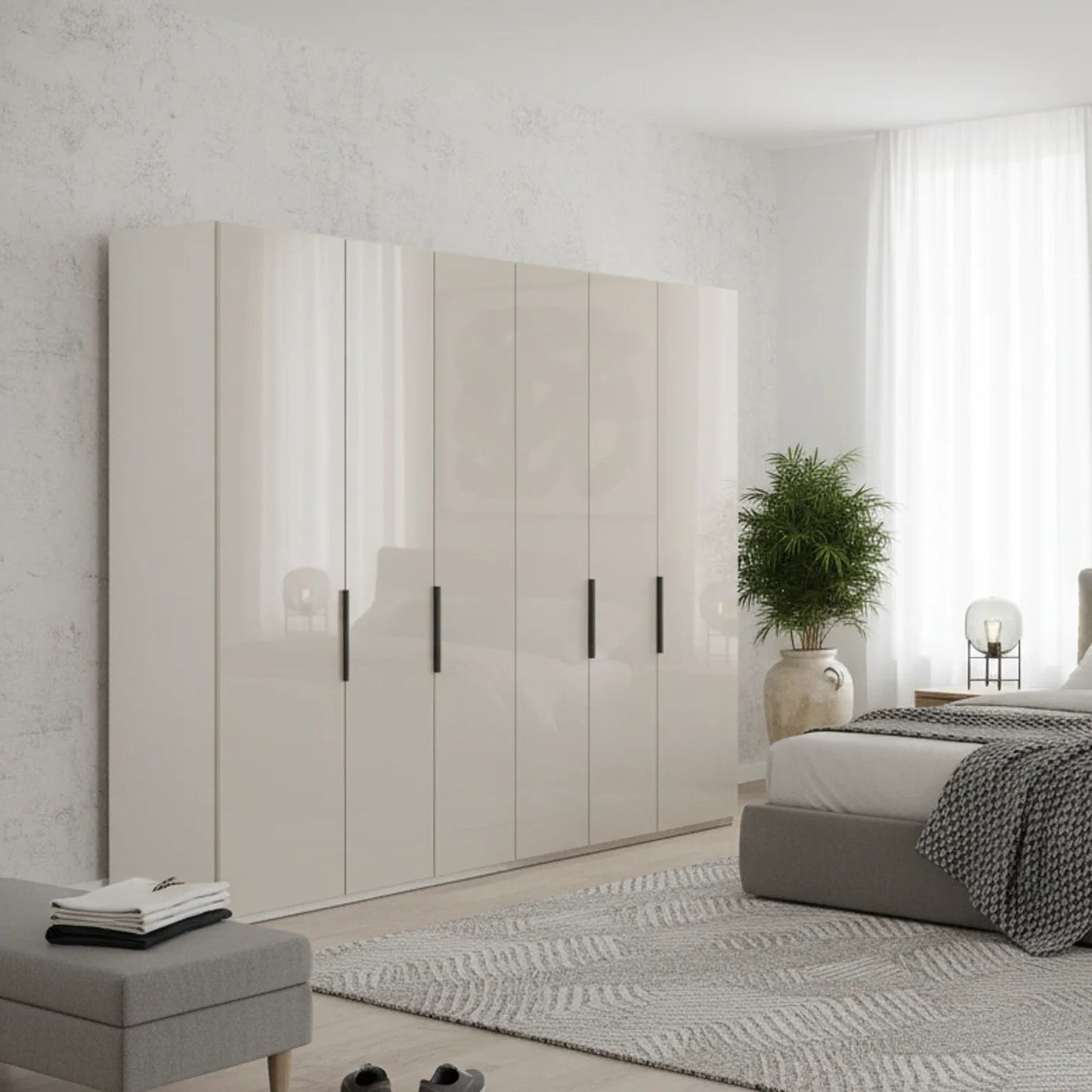 Amara 250cm 6 Door Hinged Wardrobe with Glass Doors in Champagne - Styled in a Bdroom