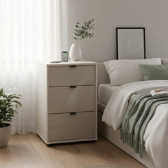 Amelia 3 Drawer Glass Bedside Cabinet - Champagne Styled in a Bedroom