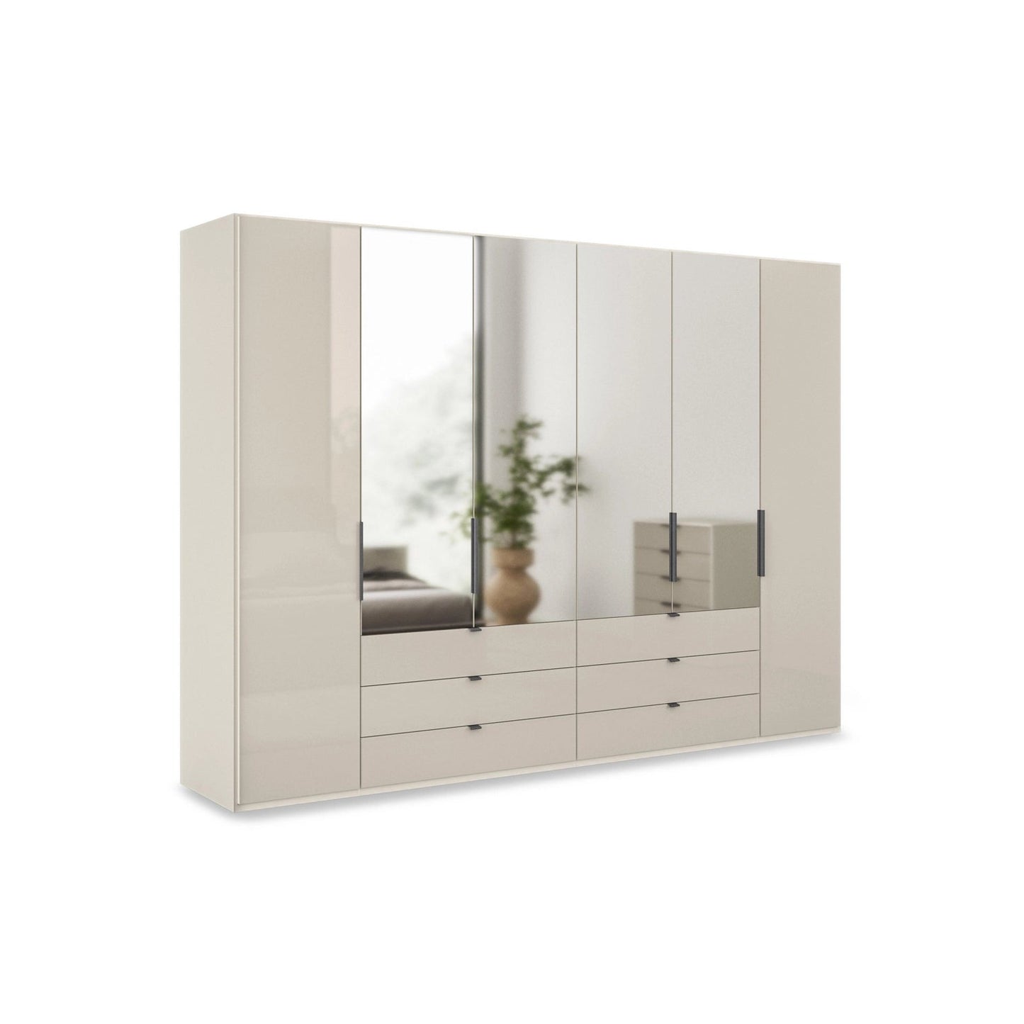 Amara 300cm 6 Door Bifold Combi Wardrobe with 4 Mirror Doors, 2 Glass Doors and 6 Glass Drawers - Champagne
