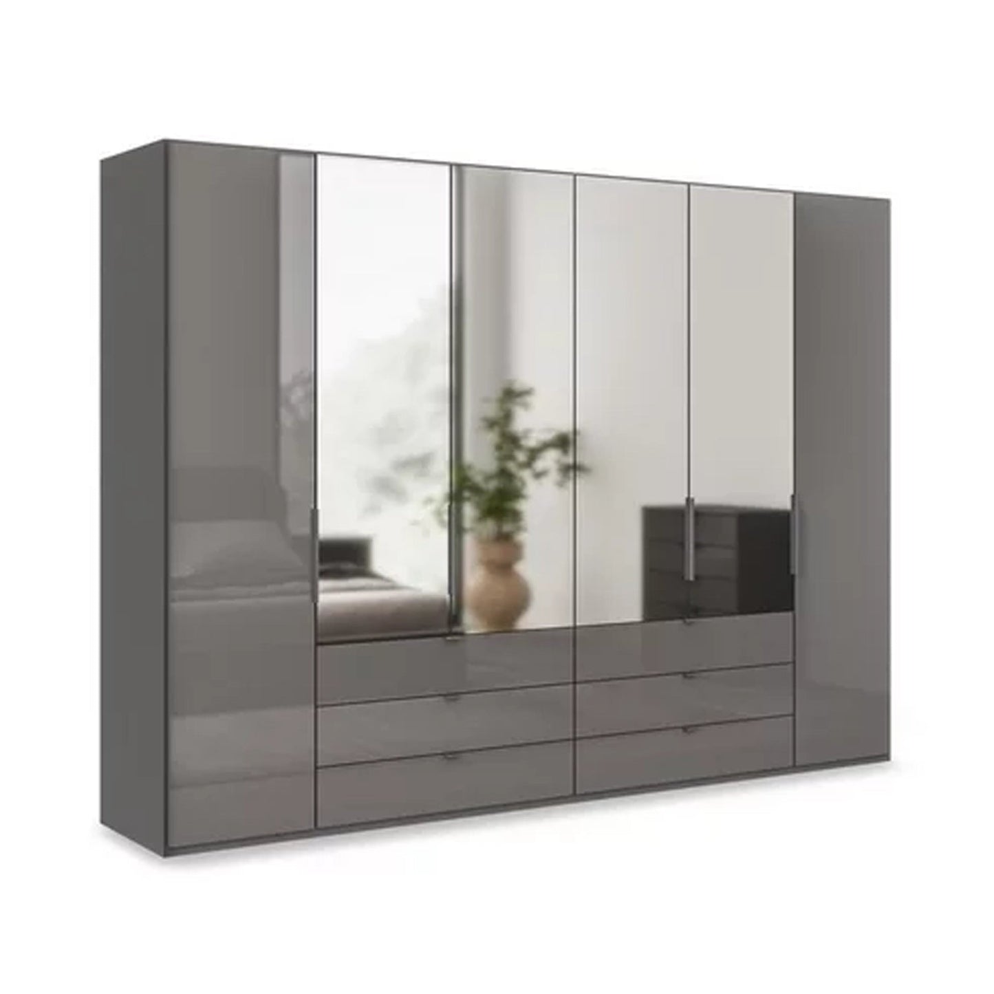 Amelia 300cm 6 Door Bifold Combi Wardrobe with 4 Mirror Doors, 2 Glass Doors and 6 Glass Drawers - Lava