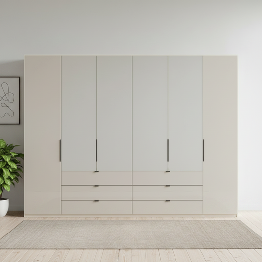 Amelia 300cm 6 Door Bifold Combi Wardrobe with 4 Mirror Doors, 2 Glass Doors and 6 Glass Drawers