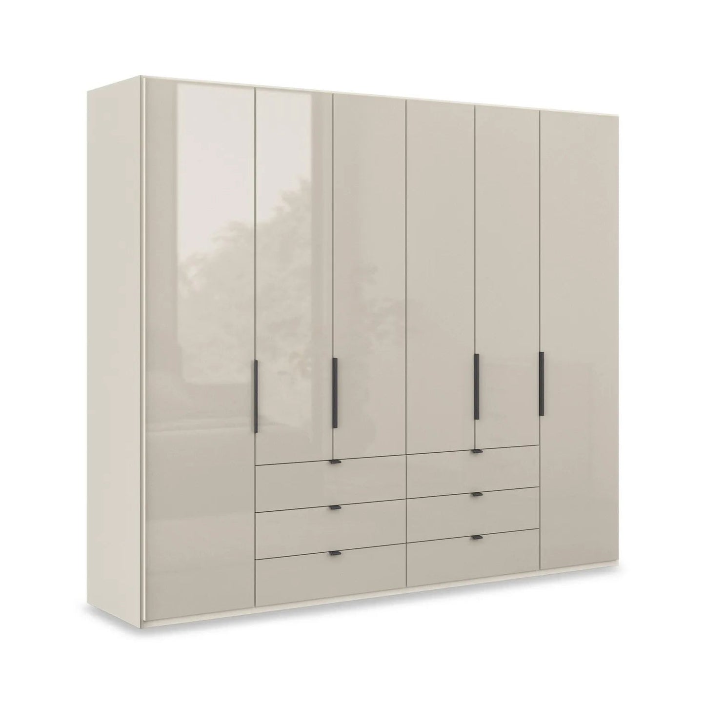 Amara 300cm 6 Door Bifold Combi Wardrobe with Glass Doors and Drawers - Champagne