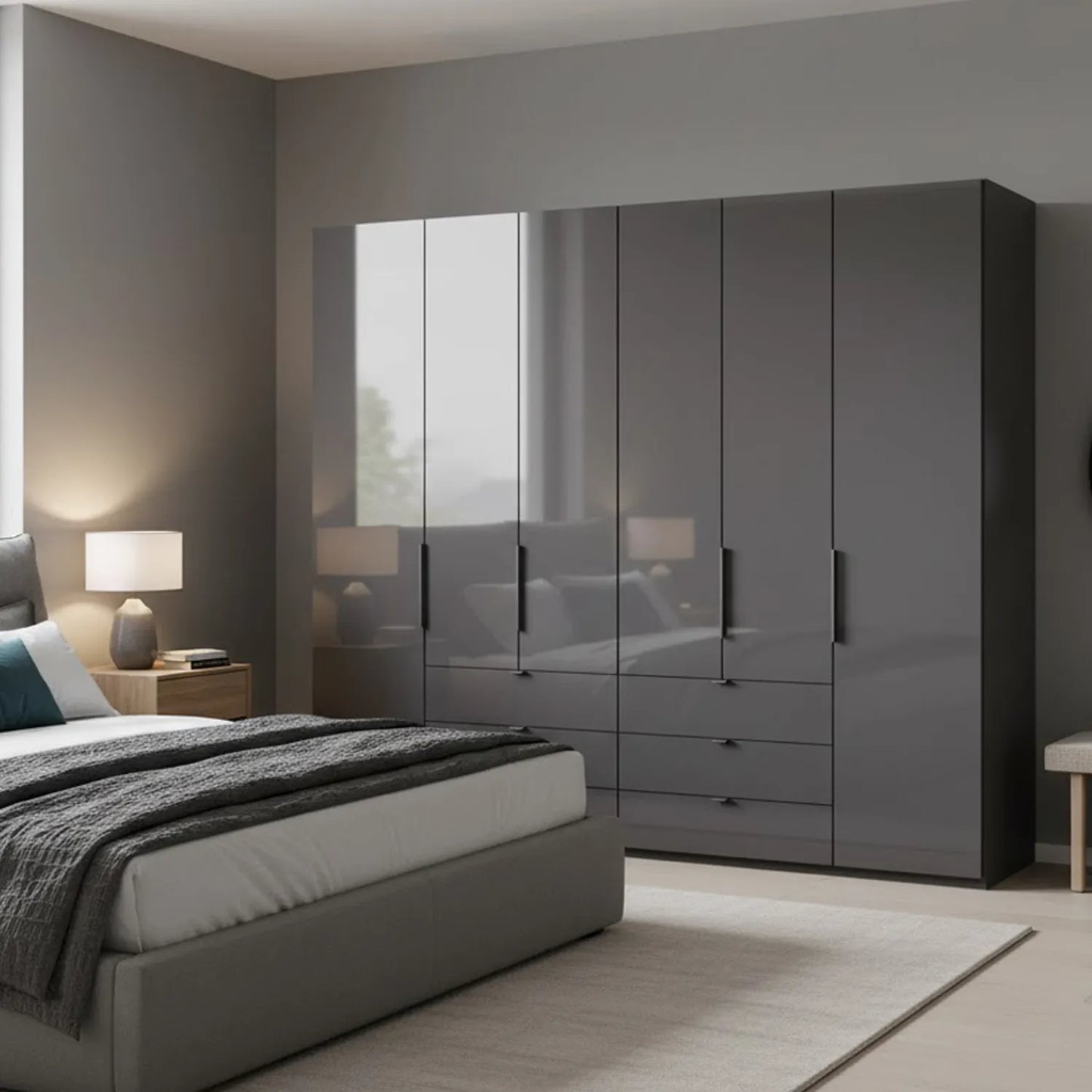Amelia 300cm 6 Door Bifold Combi Wardrobe with Glass Doors and Drawers - Lava Styled in a Bedroom