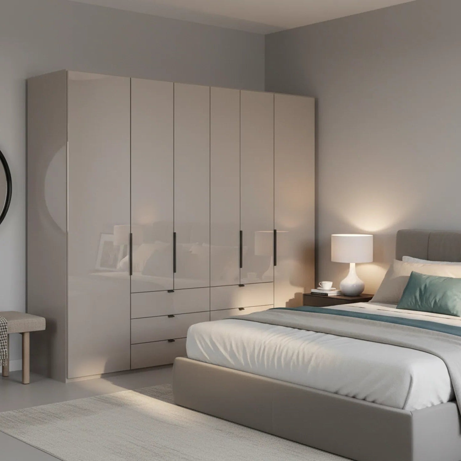 Amelia 300cm 6 Door Bifold Combi Wardrobe with Glass Doors and Drawers - Pebble Grey Styled in a Bedroom