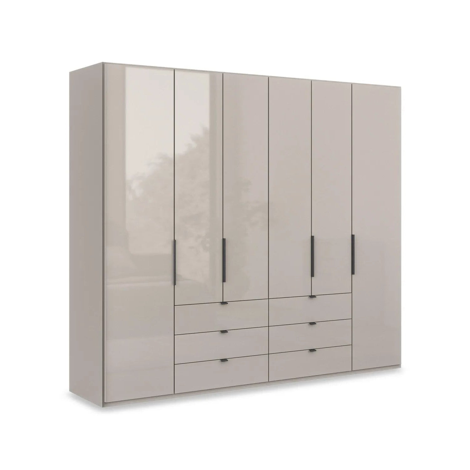 Amelia 300cm 6 Door Bifold Combi Wardrobe with Glass Doors and Drawers - Pebble Grey