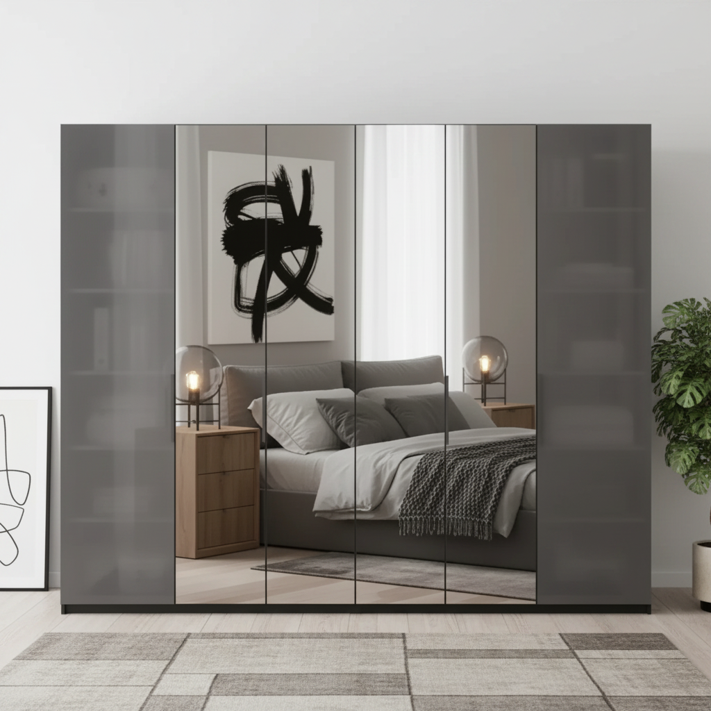 Amelia 300cm 6 Door Bifold Wardrobe with 2 Glass Doors and 4 Mirror Doors