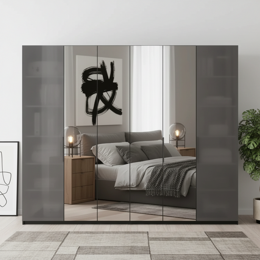 Amelia 300cm 6 Door Bifold Wardrobe with 2 Glass Doors and 4 Mirror Doors