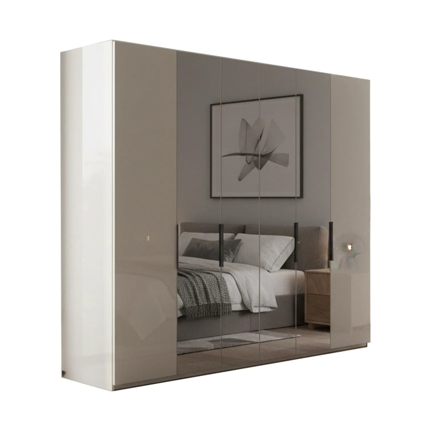 Amara 300cm 6 Door Bifold Wardrobe with 2 Glass Doors and 4 Mirror Doors in Champagne