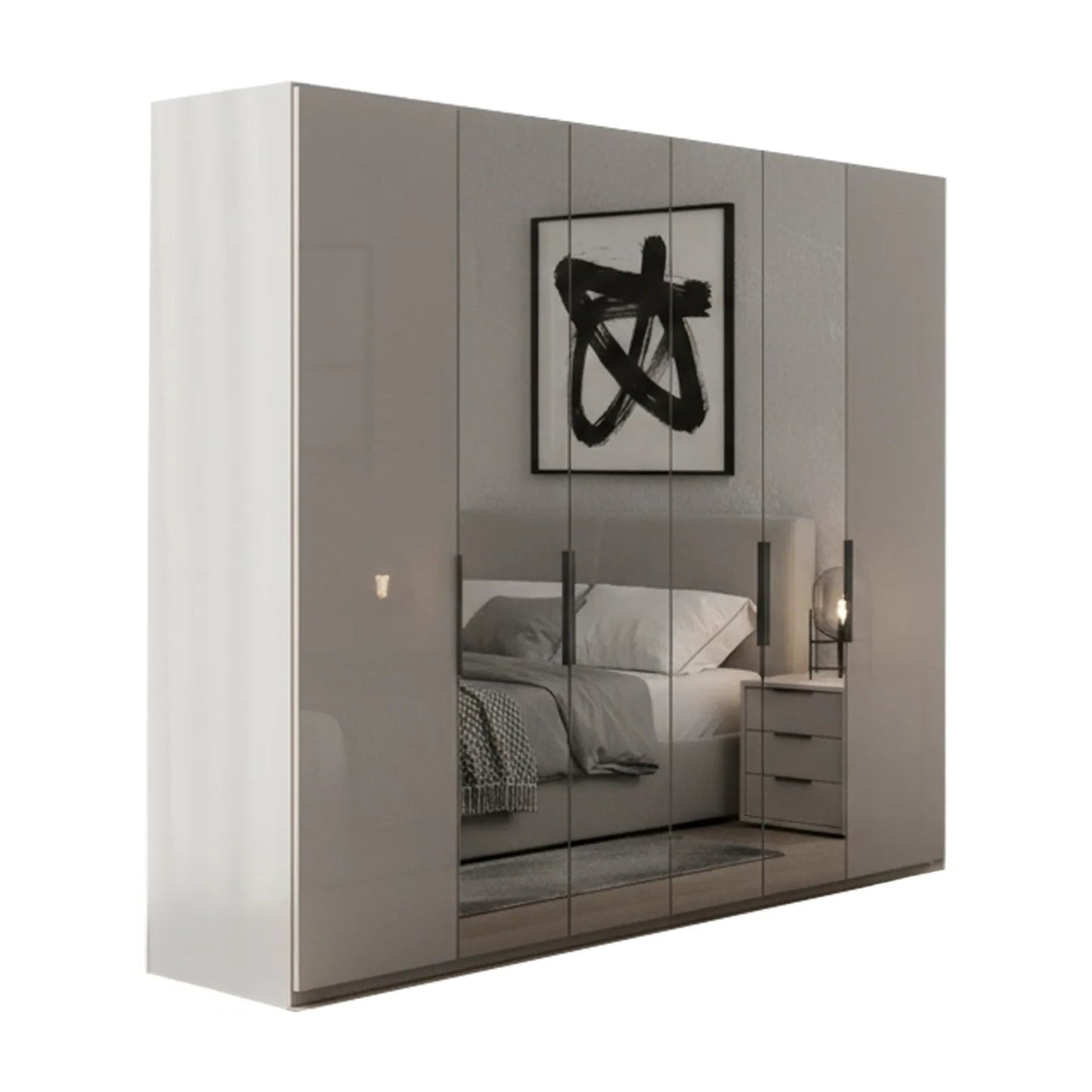 Amara 300cm 6 Door Bifold Wardrobe with 2 Glass Doors and 4 Mirror Doors in Pebble Grey
