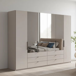 Amelia 300cm 6 Door Combi Wardrobe with 4 Mirror Doors, 2 Glass Doors and 6 Glass Drawers - Pebble Grey Styled in a Bedroom