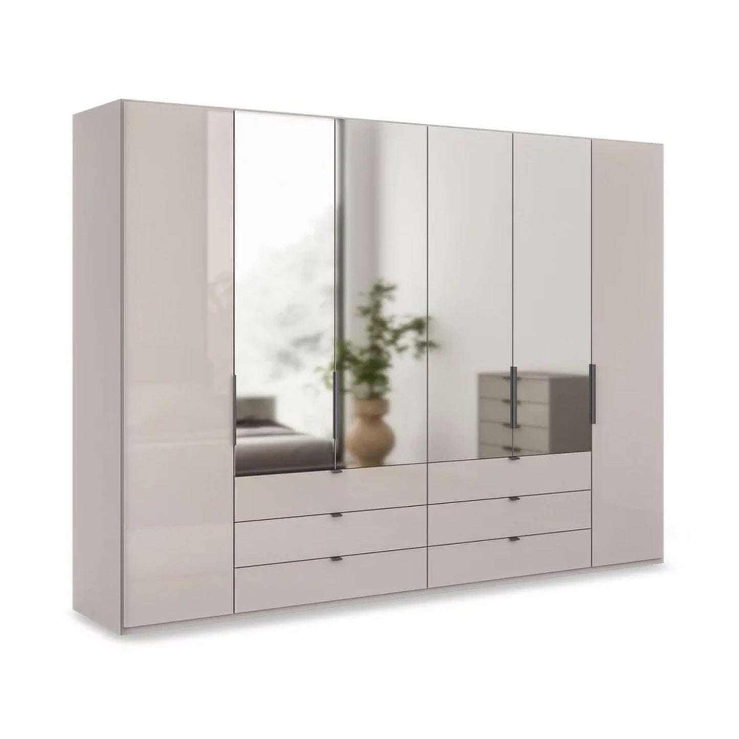 Amara 300cm 6 Door Combi Wardrobe with 4 Mirror Doors, 2 Glass Doors and 6 Glass Drawers - Pebble Grey