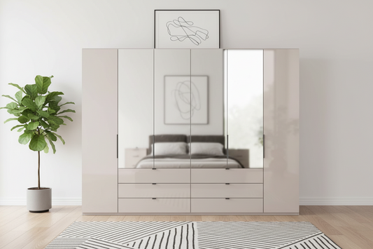 Amelia 300cm 6 Door Combi Wardrobe with 4 Mirror Doors, 2 Glass Doors and 6 Glass Drawers
