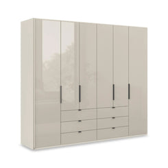 Amara 300cm 6 Door Combi Wardrobe with Glass Doors and Drawers in Champagne