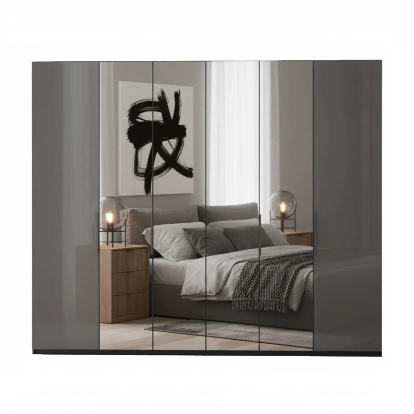 Amelia 300cm 6 Door Hinged Wardrobe with 2 Glass Doors and 4 Mirror Doors in Lava - Front View