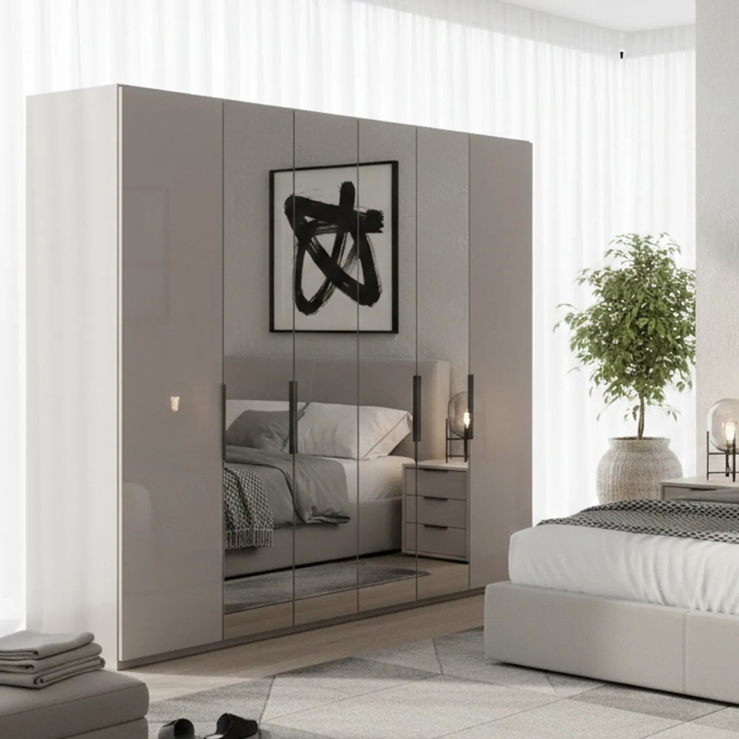 Amelia 300cm 6 Door Hinged Wardrobe with 2 Glass Doors and 4 Mirror Doors in Pebble Grey - Styled in a Bedroom