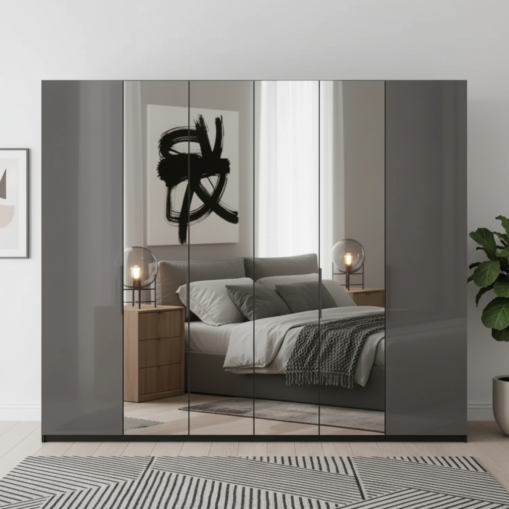 Amelia 300cm 6 Door Hinged Wardrobe with 2 Glass Doors and 4 Mirror Doors