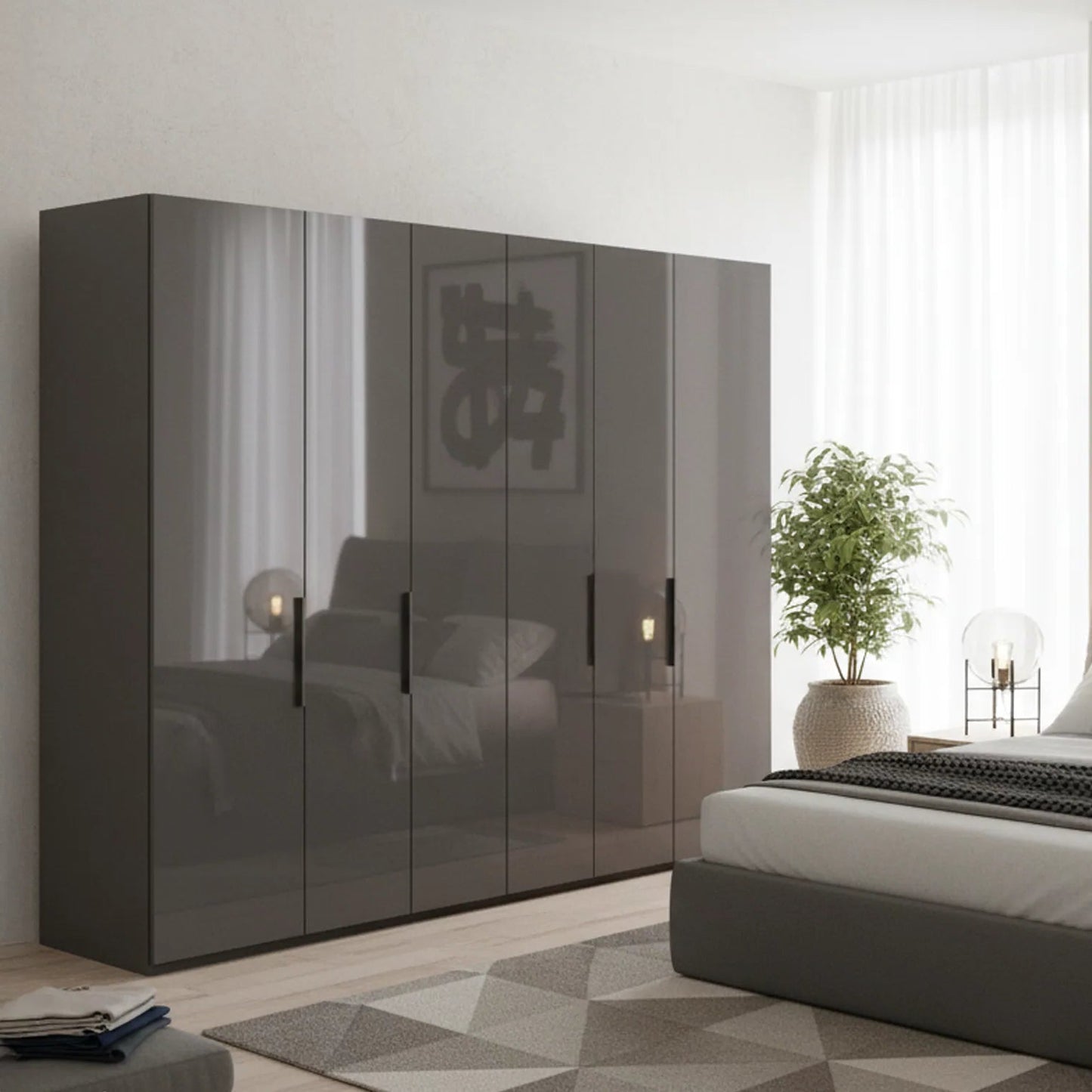 Amelia 300cm 6 Door Hinged Wardrobe with Glass Doors in Lava - Styled in a Bedroom