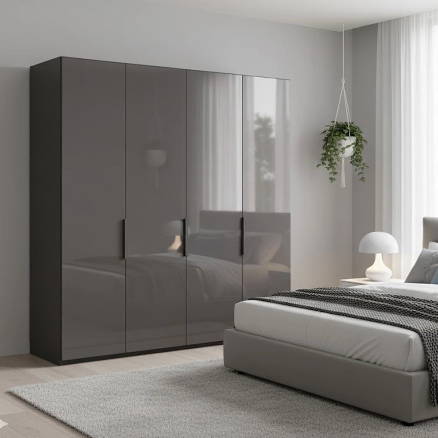 Amelia 200cm 4 Door Hinged Wardrobe with Glass Doors - Lava Styled in a Bedroom