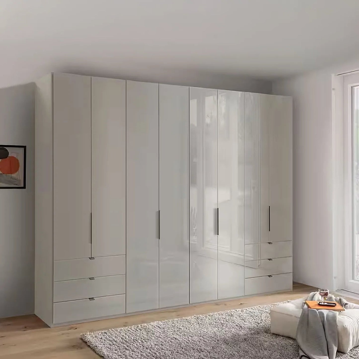 Amelia Folding 8 Doors Wardrobe With Drawers 300 cm in Champagne - Styled in a Bedroom