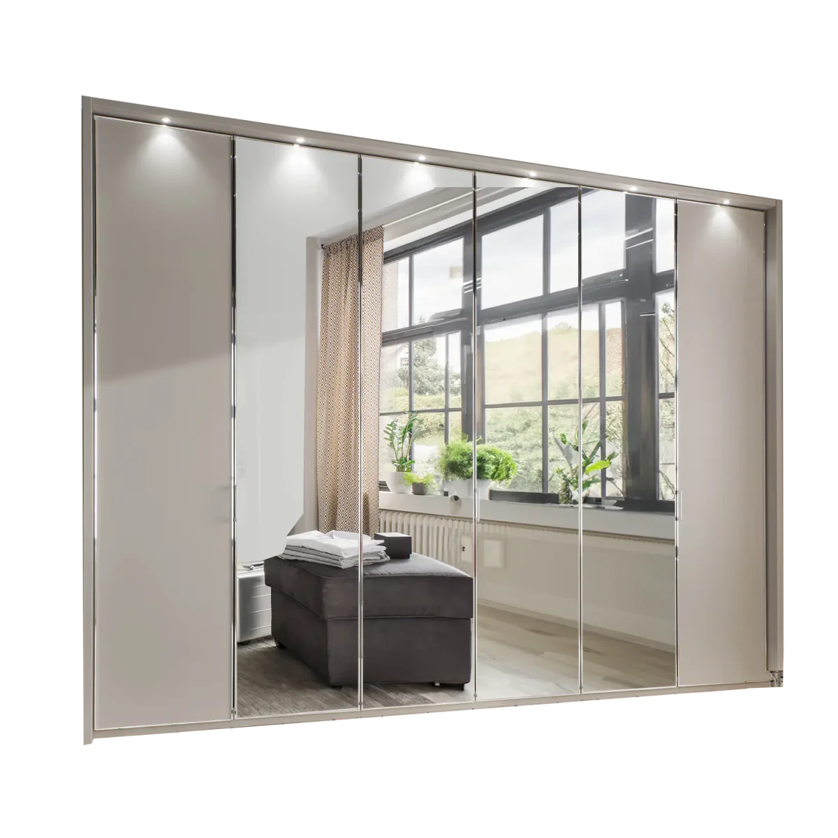 Apollo Pebble Grey and Mirror Large 6 Door Wardrobe - 300cm 